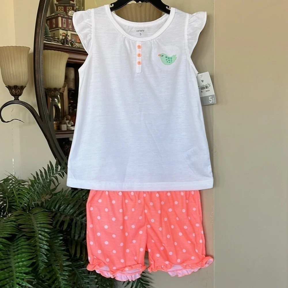 Brand New Carter’s 3-Piece Lovebirds Hearts Pajama Set White Top Pants & Shorts